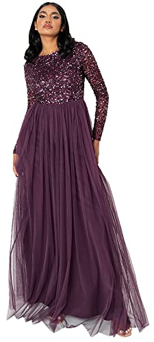 Maya Deluxe Damen Women's for Wedding Guest Plus Size Large Rich High Waist Sequins Long Sleeve Prom Evening Bridesmaid Dress, Beere, 48 EU