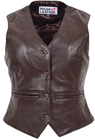 Rita Gilet en cuir véritable pour femme Fermeture à boutons Style traditionnel, marron, 36