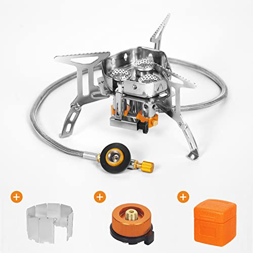 Campingkocher, ISFORU 6800W Gaskocher mit Piezozündung Adapter Windschutzscheibe Winddicht Gas Campingkocher für alle Schraubkartusche Gasbrenner Faltbar Camping Kocher Gasbrenner für Wandern Outdoor