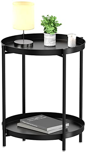 EKNITEY 2 Tier End Table - Metal Side Table Waterproof Small Sofa Coffee Side Tables Bedroom Indoor Outdoor with Removable Tray for Living Room Bedroom Balcony and Office (Black)