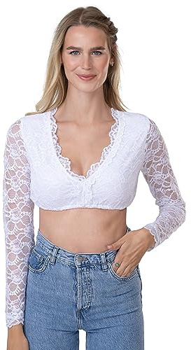 Schöneberger Trachten Couture Dirndl-blus av spets vit & del-transparent – exklusiv långärmad Dirndl-blus Jara, Vit, 38