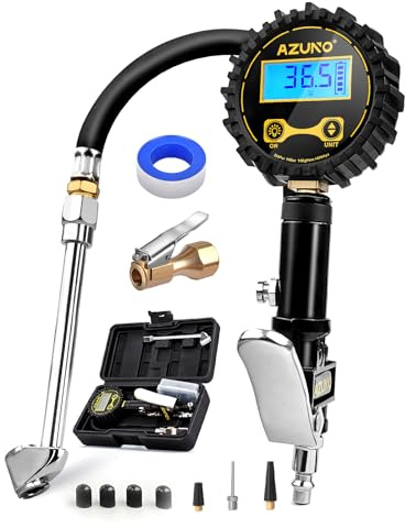 AZUNO Digital Tire Inflator with Pressure Gauge, 200 PSI, Heavy Duty Air Compressor Accessories, with Rubber Hose Lock on Air Chuck and Quick Connect Coupler, Comes with a Portable Carrying Box