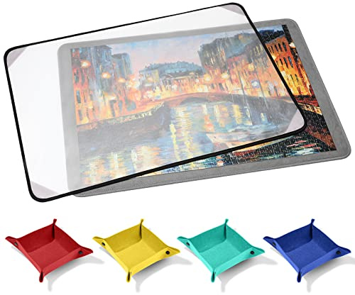 BestOfferBuy Pusselbräda, bärbar pusselmatta med pussel dammtätt skydd för pusselförvaring, pusselsparare, 78 x 56 cm för 1 000 st med 4 hopfällbara sorteringsbrickor