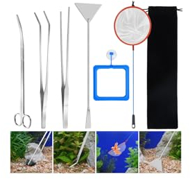 Edelstahl Aquarium-Set 7 Stück - Aquascaping-Tools: 4 in 1 Schere, Zangen, Spatel, Pinzette mit Aufbewahrungsbeutel und Fischnetz für Fische & Wasserpflanzen
