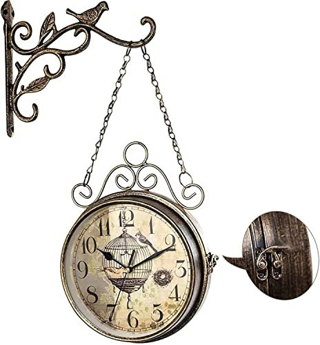 Antik Retro Bahnhofsuhr 20,3 cm Retro-Rost-Doppelseitige Uhr, Vintage, zwei Gesichter, geräuschloser Quarz, runde Uhr, 360 ° drehbar, for dekorative Wandkunst, Garten, Terrasse, Pool, Zaun, Badezimmer