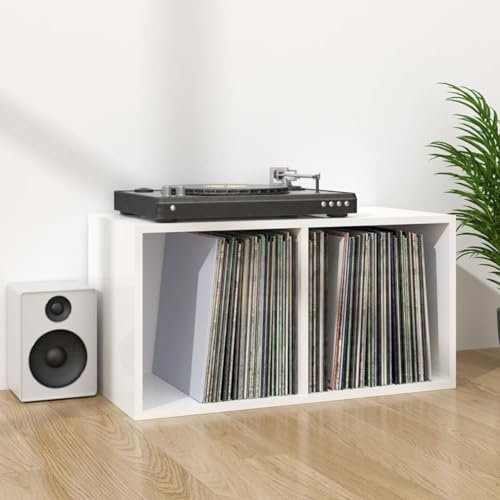 Caja de Almacenamiento para Discos de Vinilo, Madera Contrachapada, Blanco Brillante, 71x34x36 cm, 2 Compartimentos, Uso Vertical u Horizontal