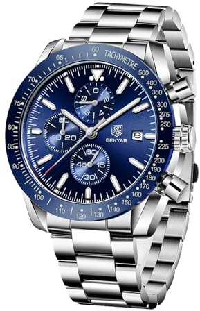 BY BENYAR Herren Analoger Chronograph Quarzuhr 30M Wasserdicht Leuchtende Datumsanzeige Freizeituhr Sport Lederuhr.(blau)