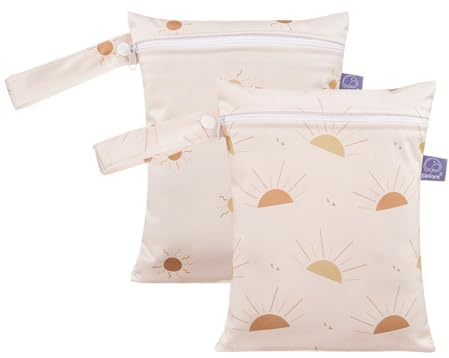 Treer 2 Stück Windeltasche Wetbag für Unterwegs, Baby Nassbeutel für Stoffwindeln, Wiederverwendbar Wasserdichte Toilettenartikel Organiser Beutel mit Reißverschluss (18x25cm,Kleine Sonne)
