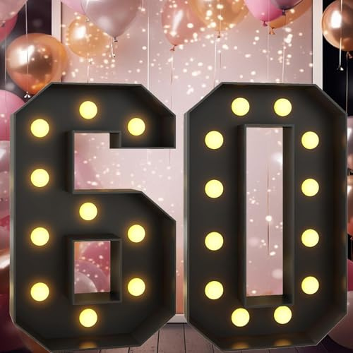 Vdhfgso 4FT Marquee Light Up Numbers 3 Giant Black Marquee Numbers for 3th Birthday Decor Large Mosaic Numbers Pre-cut Foam Boad DIY Numbers Party Anniversary Decorations(Number 60,4FT)