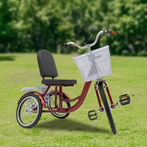 OMGGYER Dreirad für Erwachsene 3-Rad Fahrrad 20 Zoll Dreirad mit Einkaufskorb und Rückenlehne, Hochkohlenstoffstahl Tricycle for Adults & Senioren Einkaufen Picknicks Reisen im Freien (Rot)