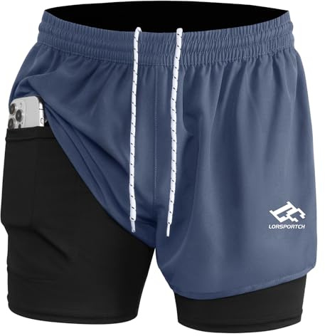 LORSPORTCH Herren Laufshorts 2 in 1 Shorts Gym Athletic Shorts Outdoor Marathon Workout Trainingsshorts Mit Eingebaut Taschen Grau 2XL