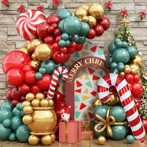 Weihnachten Luftballon Girlande, 125 Stück Weihnachten Ballon Girlande Rot Grün Gold Metallic Ballons, Merry Christmas Balloons Süssigkeit Zuckerstange Folienballons für Xmas Neujahr Weihnachtsdeko