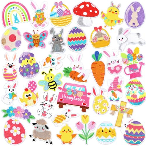 AUGSUN Ostern Aufnäher, 36 Stück Ostern Patches zum Aufbügeln Osterei Flicken zum Aufbügeln Hase Aufnäher zum Aufbügeln Patches zum Aufnähen für Rucksäcke Hosen Kleidung Jeans