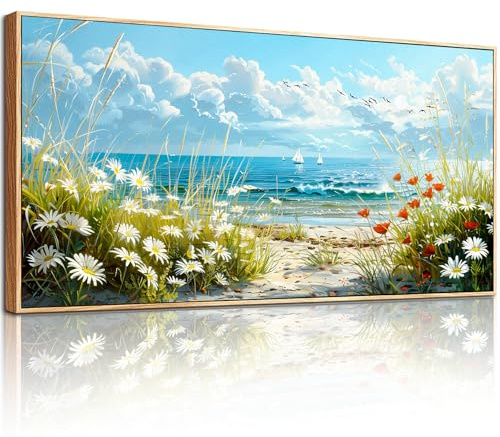 hyidecorart Moderne Bilder mit Rahmen Natur Blumen Meer Gemälde 73x146 cm | Exquisite Kunst, HD-Druck, Leicht Aufzuhängen, Leinwandgewebe, Maritime Deko, Wandkunst, Geschenk, Große Formate