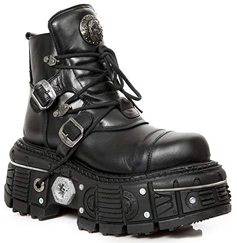 New Rock Bottines de Combat Gothiques à Plateforme en Cuir Noir M-TANK007-S1