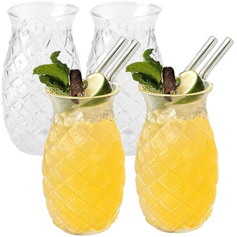 Juego de 4 de Vasos de Cóctel de 480 Ml, Vasos de Cóctel Transparentes con Relieve de Piña, Vasos de Piña, Copas de Pina, Copas de Piña Divertidas para Familia, Camping, Bar