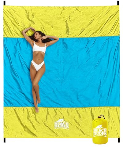 BEACH DUDES Sunny Day Oversized Beach Blanket - 108x84 XL Sandproof Water-Resistant Picnic Mat | Lightweight Ripstop Nylon for Travel & Camping | Includes 4 Stakes and Carry Bag