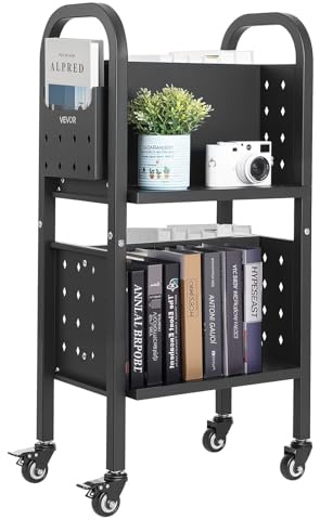 VEVOR Carro para Libros de 2 Niveles Estantería de Libros con Ruedas 45 x 33 x 88 cm Estante de Almacenamiento en Forma de L Doble Caro Carro Rodante para Biblioteca, Oficina, Escuela, Negro