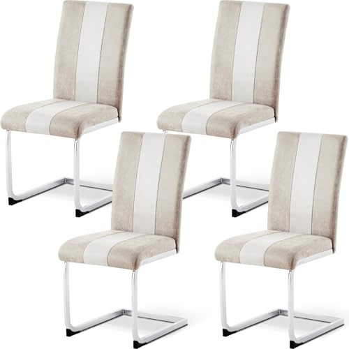 AINPECCA 4er Set Freischwinger Stuhl mit Kunstleder Moderner Schwingstuhl mit hoher Rückenlehne Wohnzimmerstuhl Küchenstuhl mit Chromgestell und Fußstütze Bürostuhl für Esszimmer(4, PU Beige)