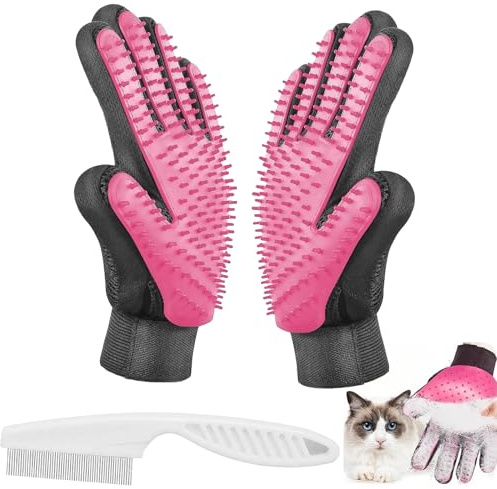huoanpo 3 Stück Tierhaarentferner Handschuh, Katzenhandschuh Rosa | Silikon, 1 Paar Pflegehandschuhe mit Flohkamm 18 x 4 cm, für Katzen, Hunde, kurzes und langes Fell