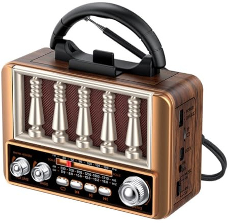Radio portatile retrò, 16,6 x 7,5 x 13 cm, banda completa, FM/AM/SW, piccola, vintage, ricaricabile, con supporto per telefono e supporto AUX, per interni ed esterni (marrone)