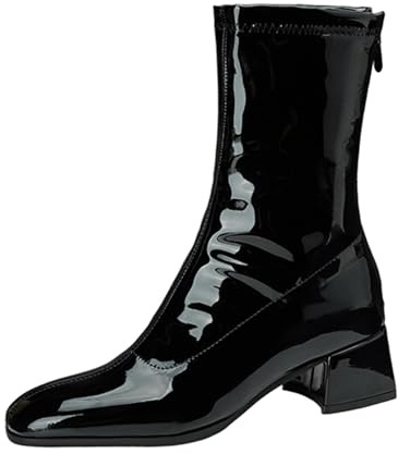 Lizoleor Comodo Tacón Medio Punta Quadrada Mujer Ankle High Botas de Vestir Elegante Charol Sequins Grande Fit Back Cremallera Noche Botín Negro Talla 36.5 EU/37Cn