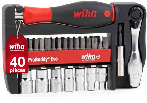 Wiha ProBuddy Evo 40-delad bit & sockelset 1/4 tum mjuk finish skruvmejselhandtag, mini spärr 72 tänder, magnetisk bithållare, kompakt verktygssats för proffs, gör-det-själv, cykel (46960)
