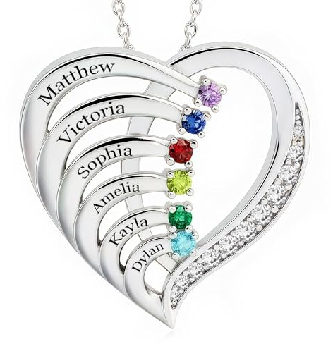 Easycosy Namenskette mit Gravur - personalisierte Kette Damen silber 925 mit 2 3 4 Namen Herz Anhänger Geburtssteinen Halskette - Valentinesgeschenke für Mama Frauen Freundin Oma zum Valentinestag