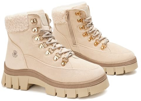 GLAMORA Botas de Invierno para Mujer con forro, Botines de Ante Sintético con Pelo, Plataforma, Suela de Goma Antideslizante, Cremallera Lateral y Cordones, Estilo Montaña trekking urbano G25700-bg-39