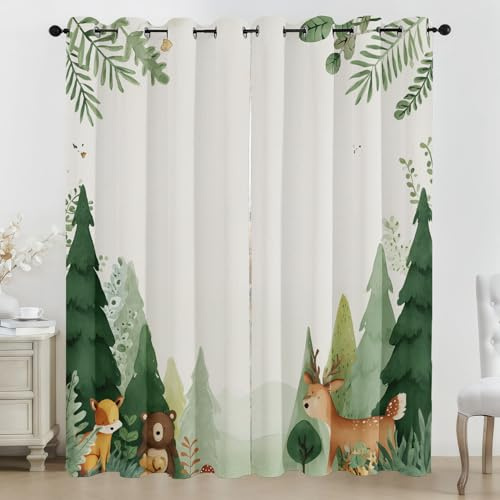 Generisch 3D Waldtiere Vorhänge, Aquarell Vorhang mit ösen 2er Set, Jungen Mädchen Kinder Gardinen Blickdicht Verdunkelungs für Kinderzimmer Schlafzimmer Wohnzimmer B 117 X H 137 cm W101l
