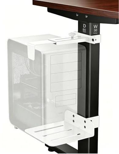Justerbar PC-hållare under bordet, lämplig endast för bordsben med måtten 50 × 80 mm, kan belastas upp till 18 kg (40 pund), borrfri montering, enkel installation (vit)