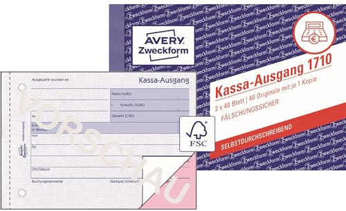 AVERY Zweckform 1710 Kassa-Ausgang speziell für Österreich (A6 quer, 2x40 Blatt, selbstdurchschreibend mit farbigem Durchschlag, fälschungssicherer Dokumentendruck) weiß/rosa