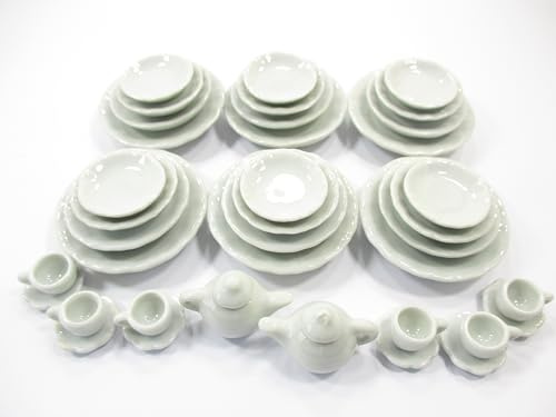 38 White Teapot Cup Saucer 1:12 Ceramic Mixed Dollhouse Miniature Plate Set