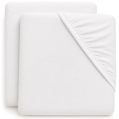 Dudu N Girlie Travel Cot Mattress Sheets 95 x 65 cm – White, 2 Pack, Elasticated Jersey Cotton Fitted Sheets