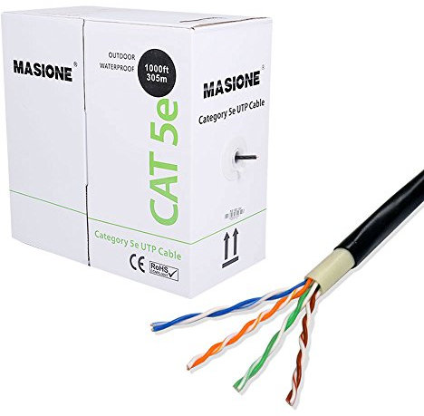 Masione CAT5 1000ft Outdoor Ethernet Cable 24AWG RJ45 UTP Cable LAN Network Black Wire Cord Pull Box Direct Burial for Xbox Modem Router PC PS4