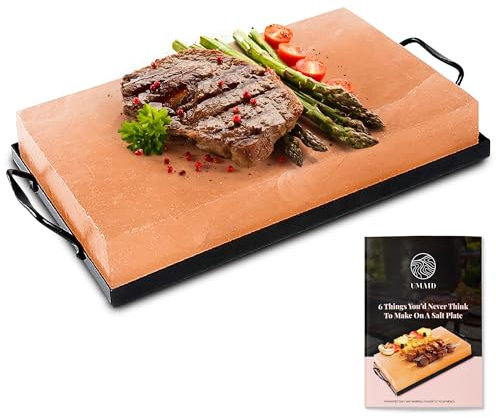 UMAID Natural Himalayan Rock Salt Block Cooking Plate for Cooking, Grilling, Cutting and Serving, Food Grade Salt with Metal Steel Tray Set with Recipe Pamphlet Salt cooking block 12 X 8 X 1.5
