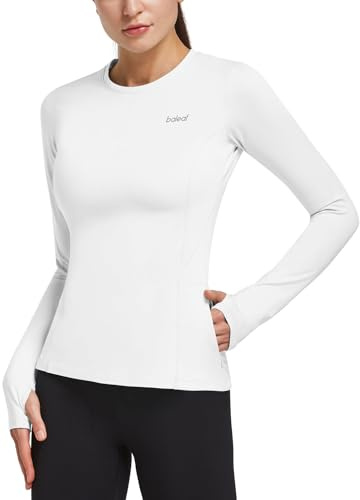 baleaf Women's Thermal Shirts Long Sleeve Workout Tops Running Athletic Zipper Pocket Fleece Lined Cold Weather Gear Winter Thumbholes White M