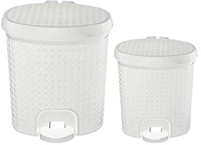 2 Pc 3L 5.5L White Plastic Foot Pedal Bin Waste Bathroom Kitchen Rattan Dustbin Rubbish