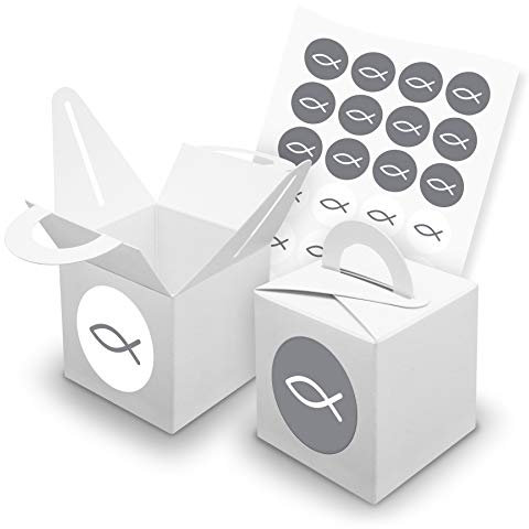 itenga Set Fisch 24x Würfelbox mit Griff inkl Aufkleber Sticker für Gastgeschenke Taufe Kommunion Konfirmation (Grau, Karton (Weiß))