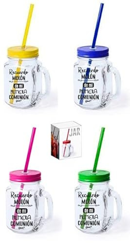Lote de 25 Jarras Cristal Con Caña RECUERDO MOLÓN SURTIDO EN COLORES - Jarras con Frases, tazas originales para Detalles, recuerdos y regalos de Comuniones