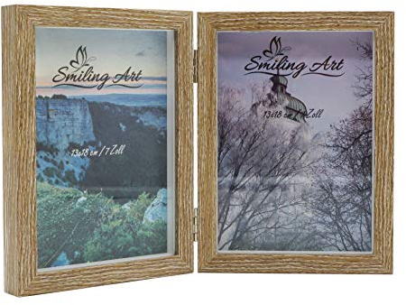 Smiling Art Marco de fotos para 2 fotos de madera, plegable, marco doble, marrón, 3D 2x13x18 cm