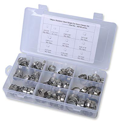 Namvo 100Pcs Hose Clamp Kit, 304 Stainless Steel Single Ear Stepless Clip Rings Hose Clips, 10 Sizes Assorted Kit, Pipe Clamp for Plumbing Automotive and Water Supply Application