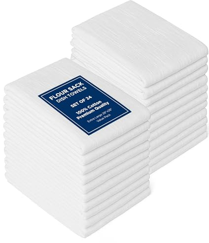ROYALE LINENS Flour Sack Towels – 24 Pack 28x28 Inch White Kitchen Dish Towels – 100% Cotton Tea Towels for Bread Proofing, Cheese Straining, Baking, Cleaning, Drying, Embroidery, Multipurpose Use