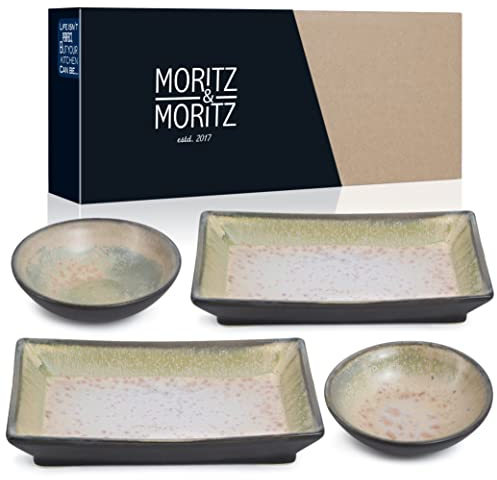 Moritz & Moritz 4-tlg. Sushi Geschirr Set für 2 Personen - Sushi Servierset mit 2x Sushi-Teller und 2x Sushi Dip-Schälchen – Lila-Grün mit Reaktiver Glasur