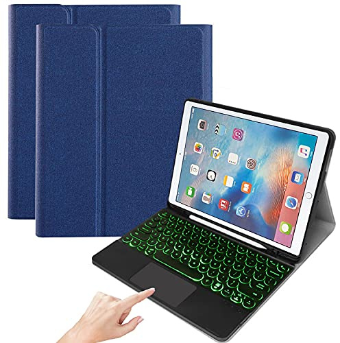 QYiD Funda con teclado para iPad 8 2020 / iPad 7 2019 10.2 / iPad Air 3rd Gen 10.5/ iPad Pro 10.5, 7 color touchpad retroiluminado teclado inalámbrico Bluetooth soporte Slim Cuero Cover, Azul