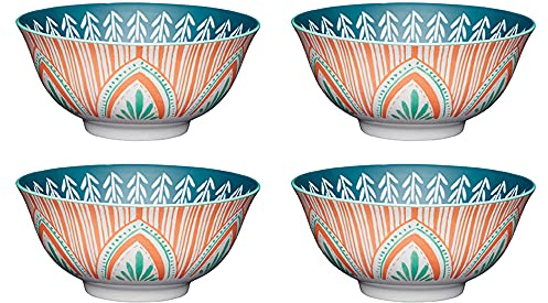 KitchenCraft Set of 4 Glazed Stoneware Bowls with Mediterranean Leaf & Stripe Pattern, Green & Pink Ceramic Bowls with Footed Base, Microwave & Dishwasher Safe, 15.7 cm (6)
