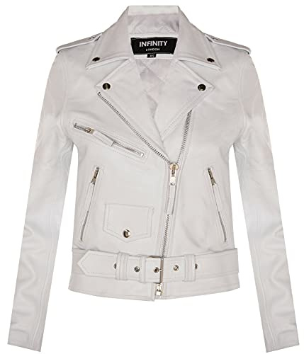 Infinity Leather Chaqueta para Damas de Cuero Blanco de Piel de Vaca Genuina Estilo Clásico Brando Motociclista XS
