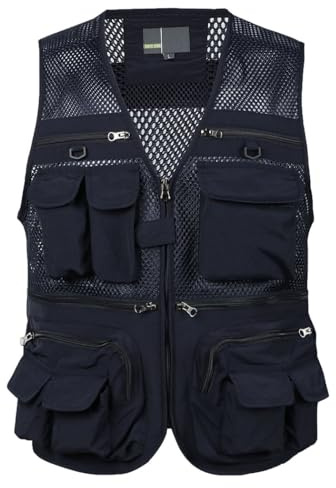HZQIFEI Uomo Gilet da Pesca Multitasche Giubbino da Lavoro Smanicato Traspirante Outdoor Vest JRC Safari Giacche Gilet MJ08 (Blu Scuro, L)