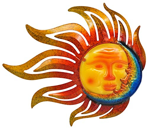 Tuokiuhn Sonne Metall Wandkunst Outdoor Dekor Sonne Mond Gesicht Wanddekor Rostfrei Große Metallsonne (45,7 cm) Hängende Terrasse Wohnzimmer Schlafzimmer Garten Zaun