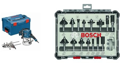 Bosch Professional Oberfräse GOF 1250 CE (Maulschlüssel 19 mm, Kopierhülsenadapter, Spannzange, L-BOXX 238) + 15tlg. Fräser Set Mixed (für Holz, Zubehör Oberfräsen mit 8 mm Schaft)